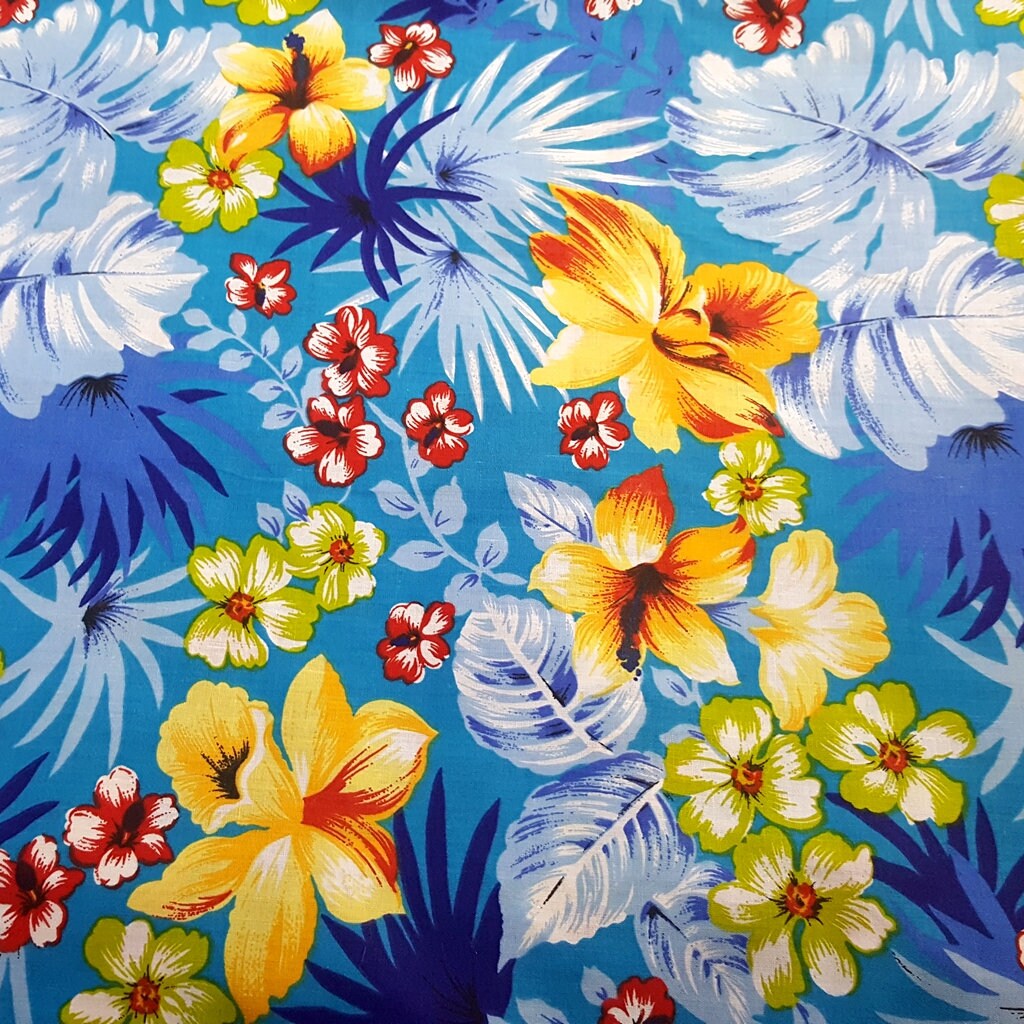 HAWAIIAN FLORAL MOTIF TURQUOISE YELLOW
