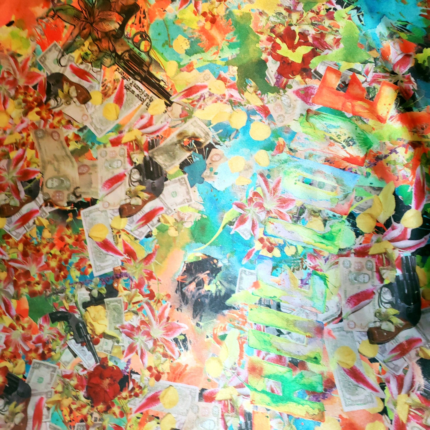 SILK SATIN LOVE GUNS AND FLOWERS COLLAGE