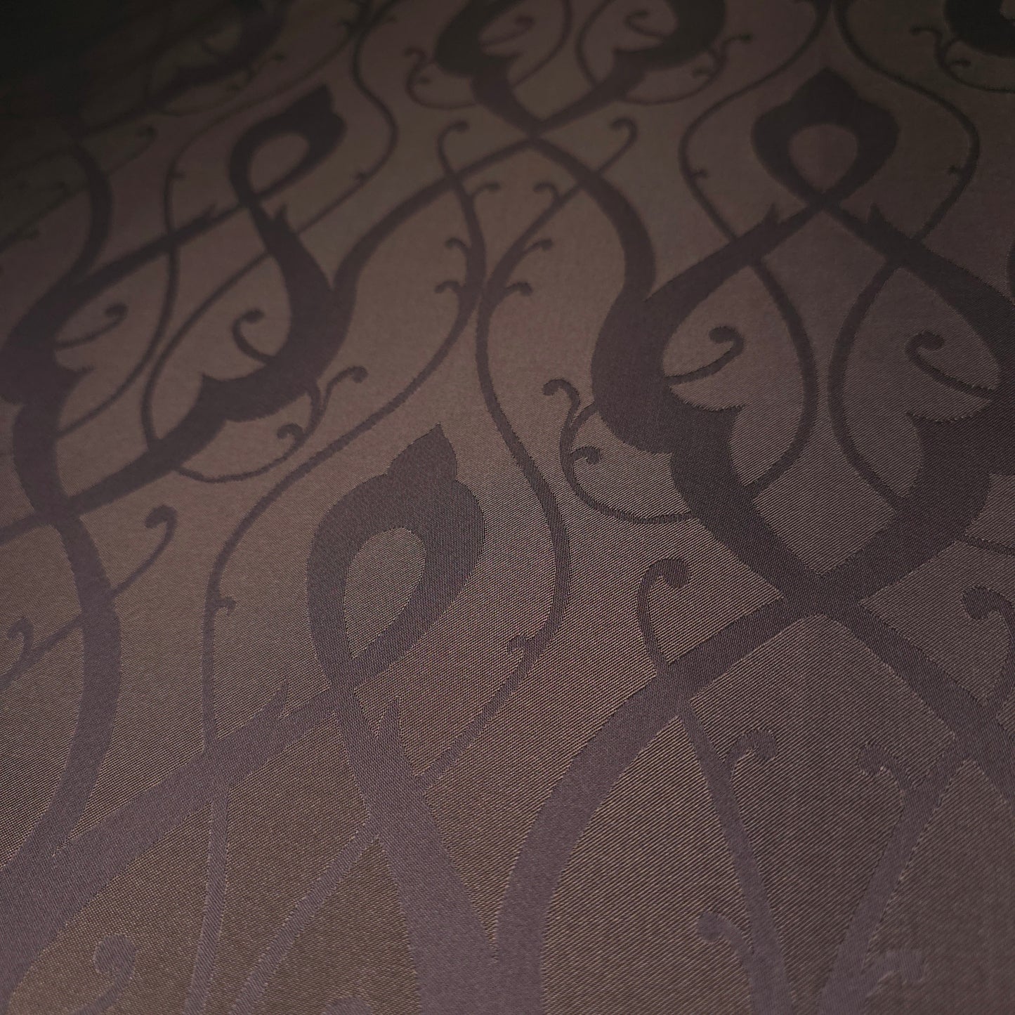 BROWN SCROLLWORK DAMASK DRAPERY