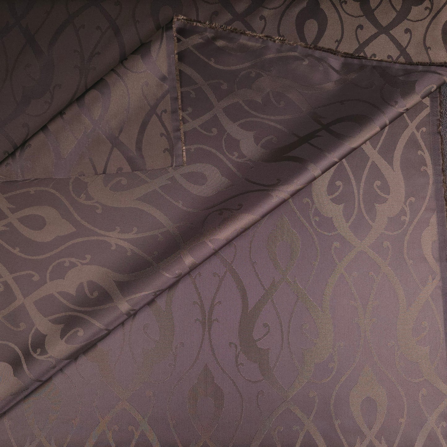 BROWN SCROLLWORK DAMASK DRAPERY