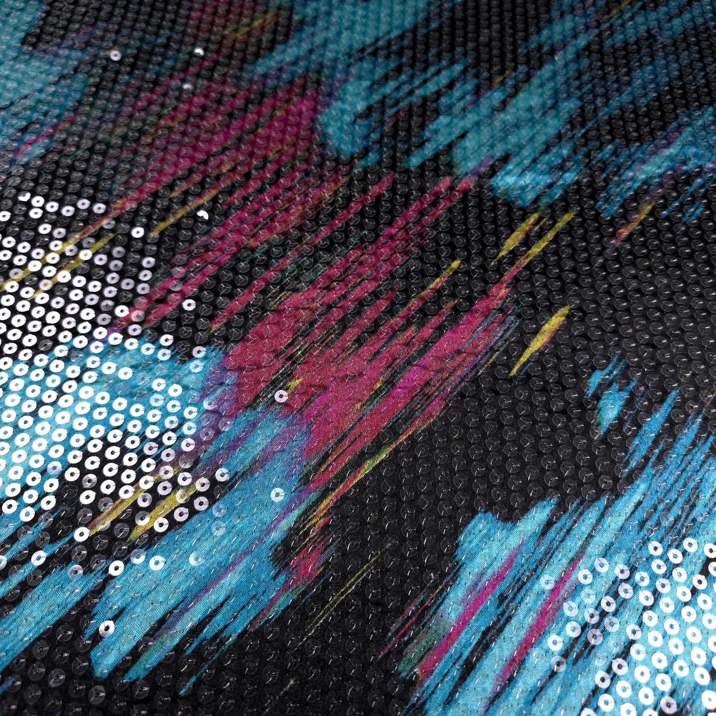 RETRO BRUSHSTROKE CLEAR SEQUIN SATIN TEAL