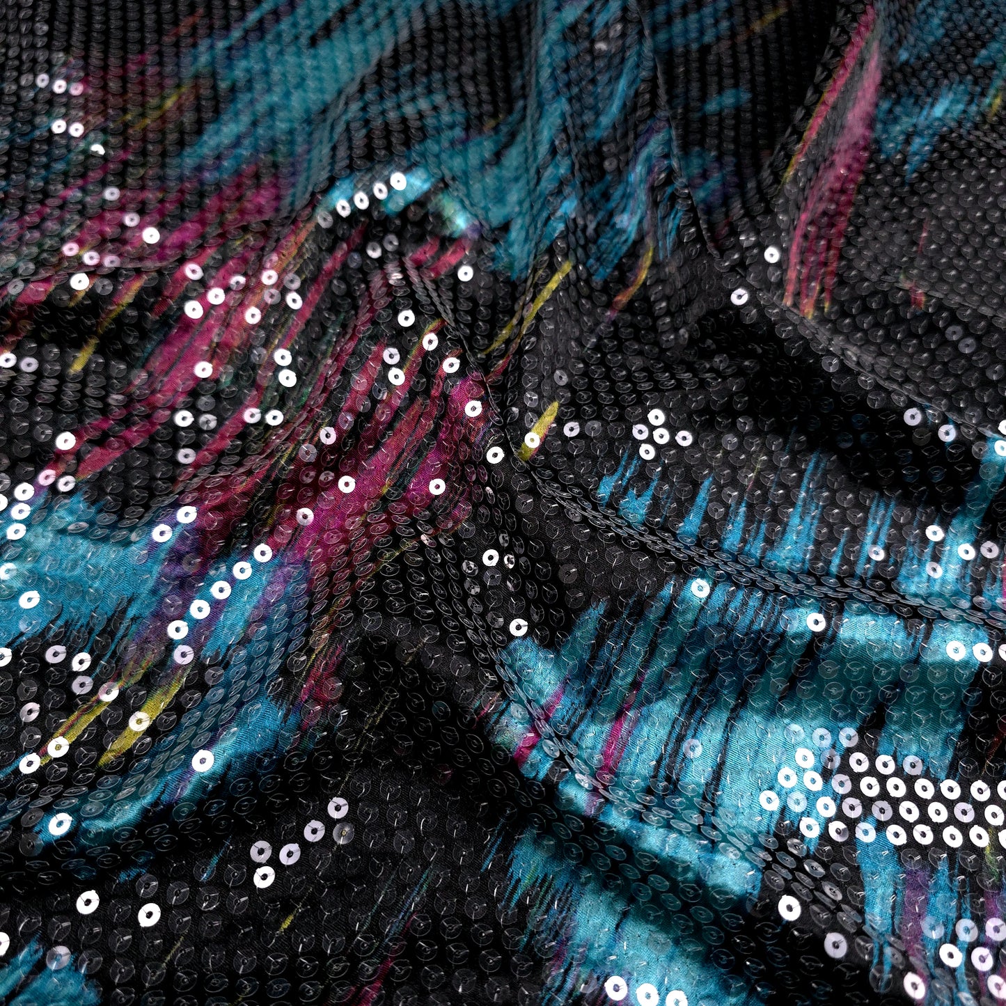 RETRO BRUSHSTROKE CLEAR SEQUIN SATIN TEAL
