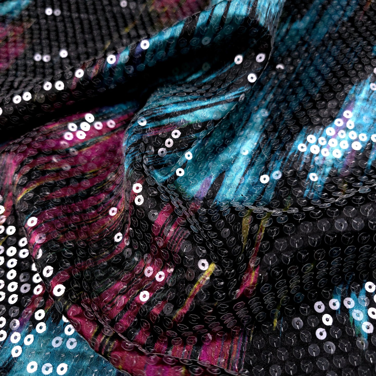 RETRO BRUSHSTROKE CLEAR SEQUIN SATIN TEAL