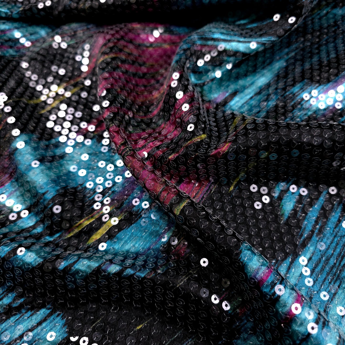 RETRO BRUSHSTROKE CLEAR SEQUIN SATIN TEAL