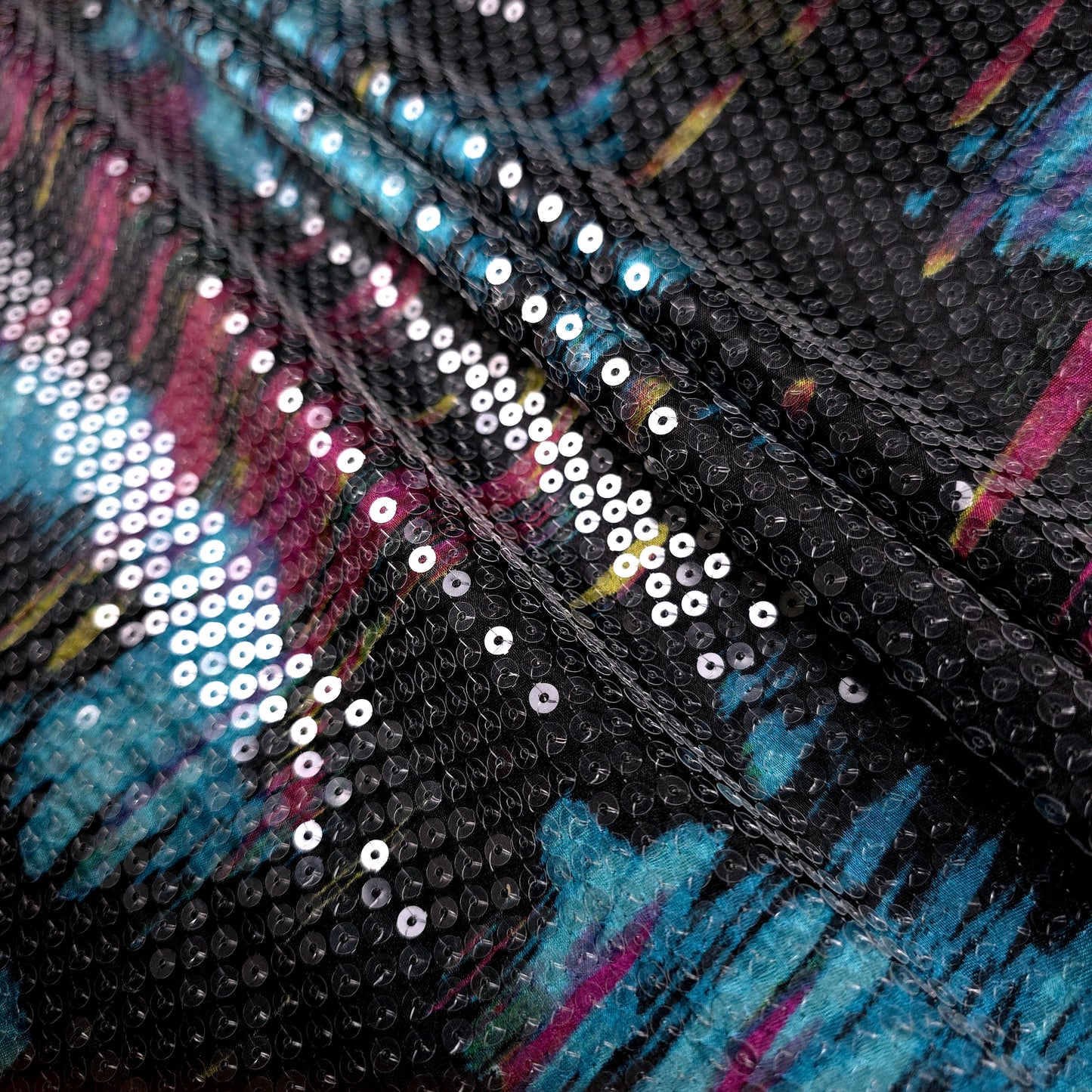 RETRO BRUSHSTROKE CLEAR SEQUIN SATIN TEAL