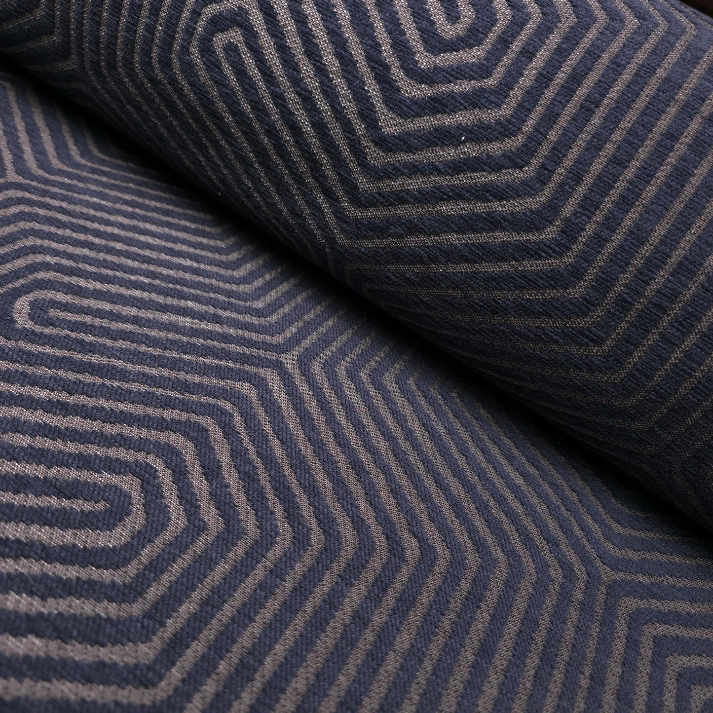 NAVY GEO MAZE CHENIELLE UPHOLSTERY