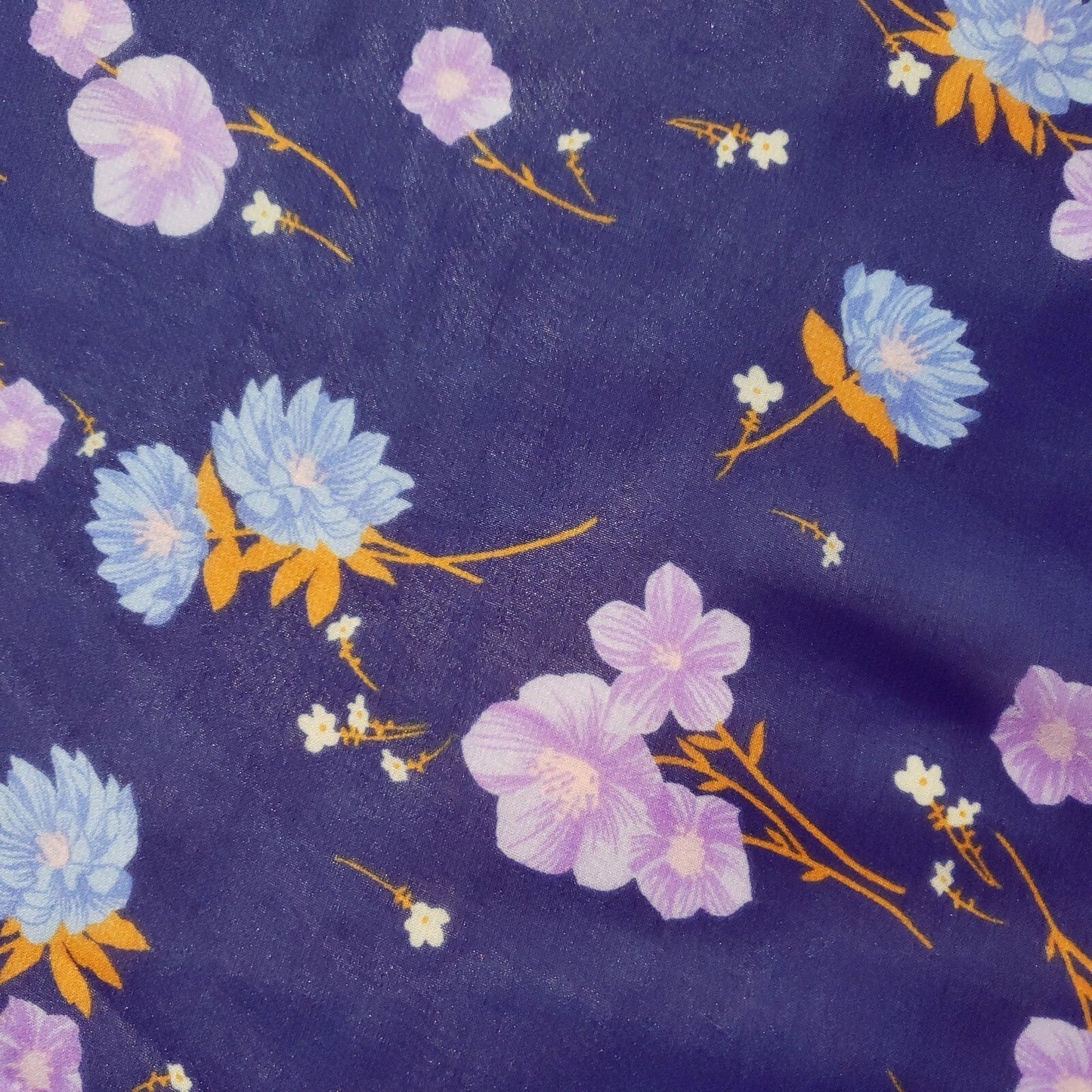 FALLING FLOWERS CHIFFON BLUE IVORY PURPLE FLORAL BORDER