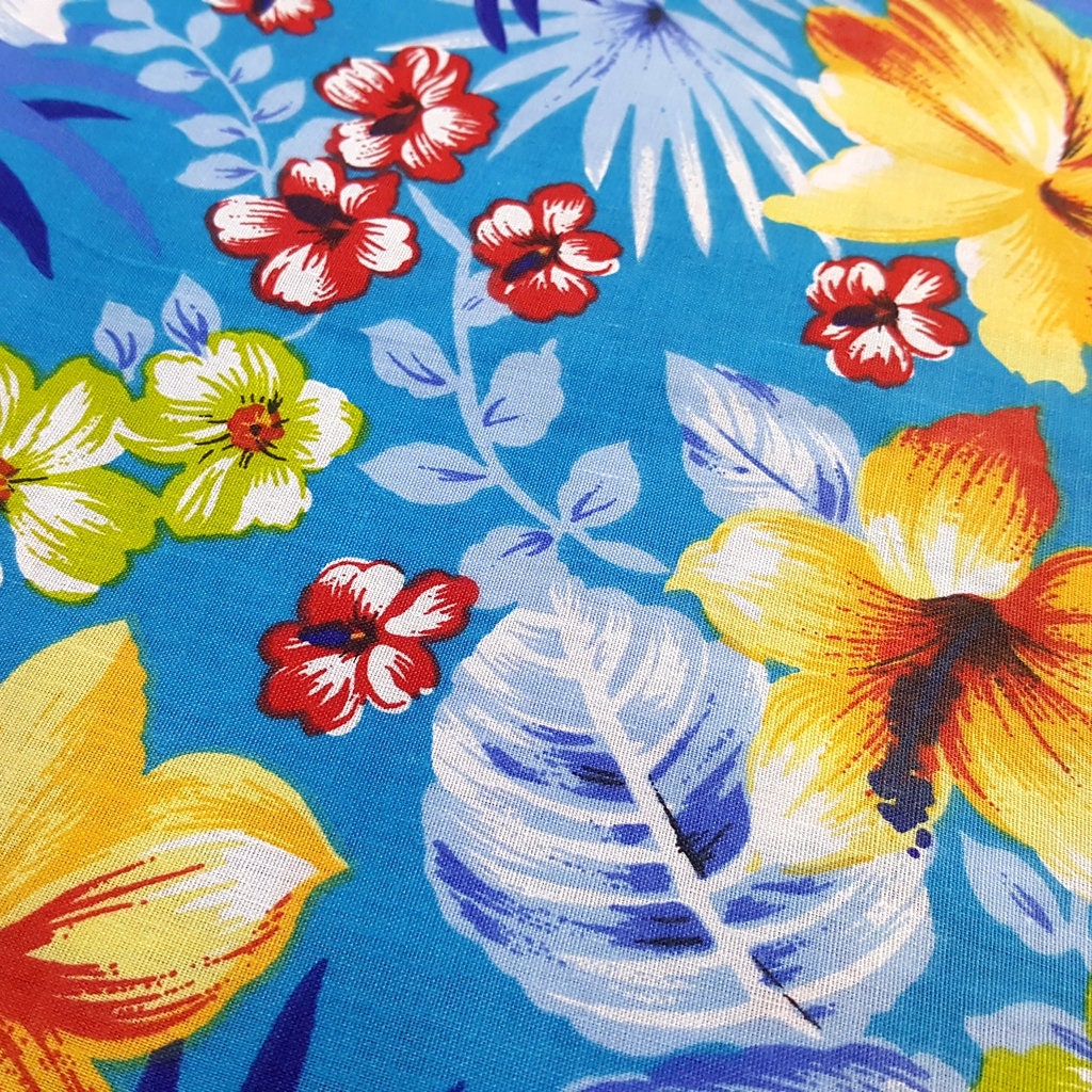 HAWAIIAN FLORAL MOTIF TURQUOISE YELLOW
