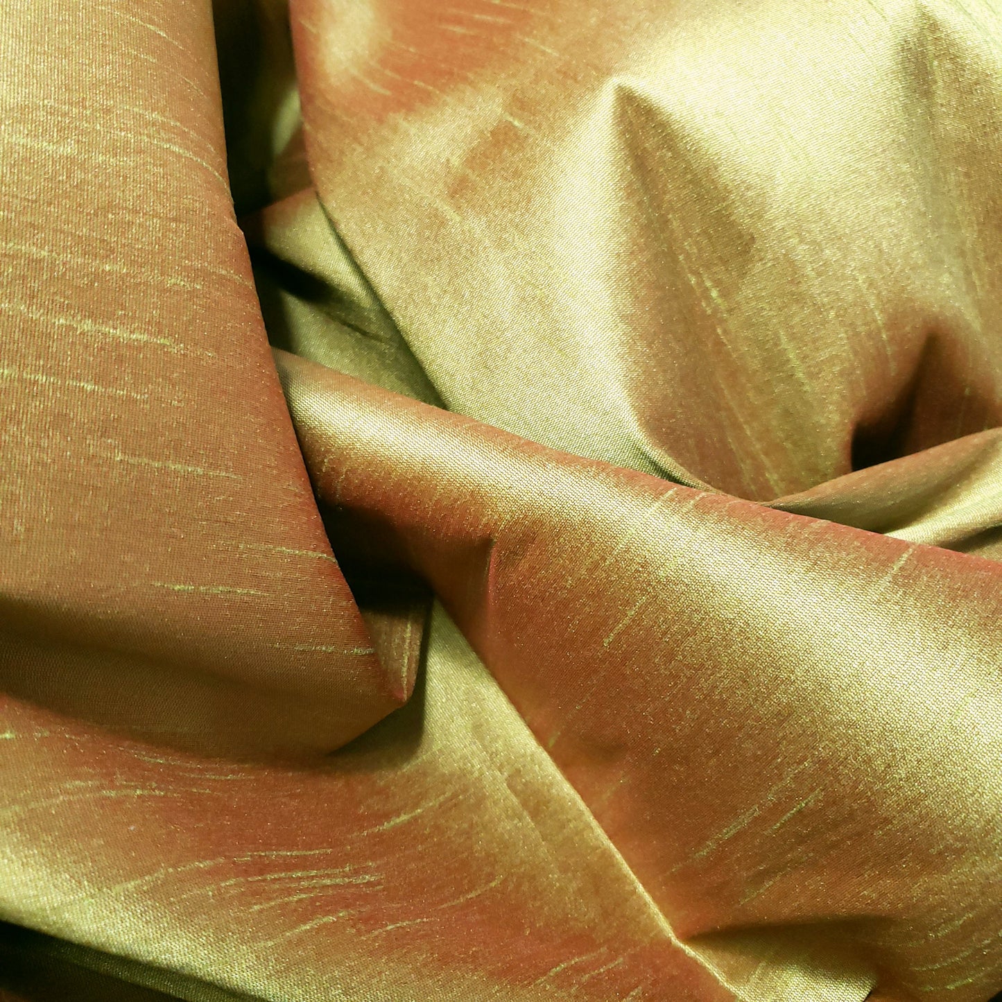 GREEN LIME RED TWO TONE FAUX SILK DUPIONI