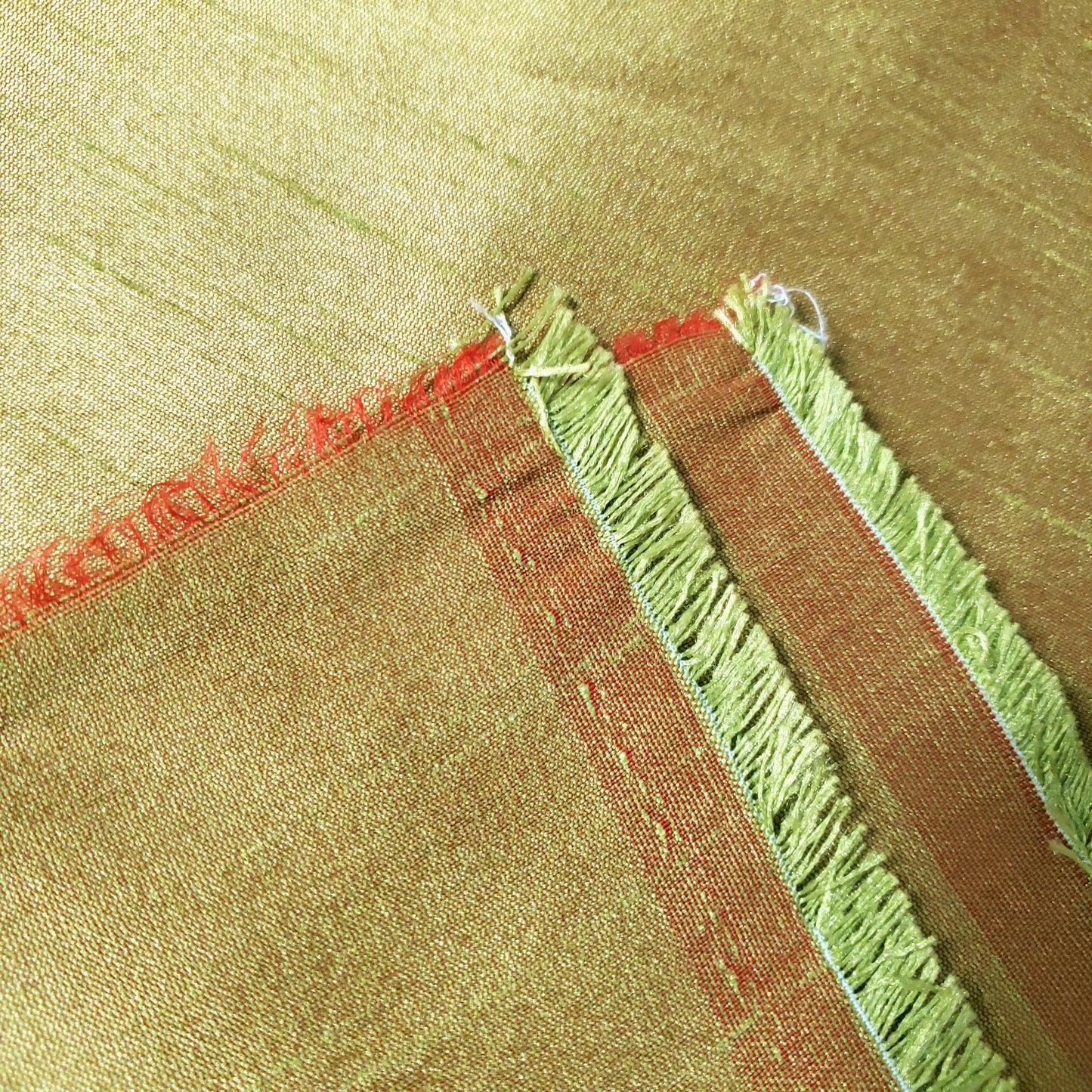 GREEN LIME RED TWO TONE FAUX SILK DUPIONI