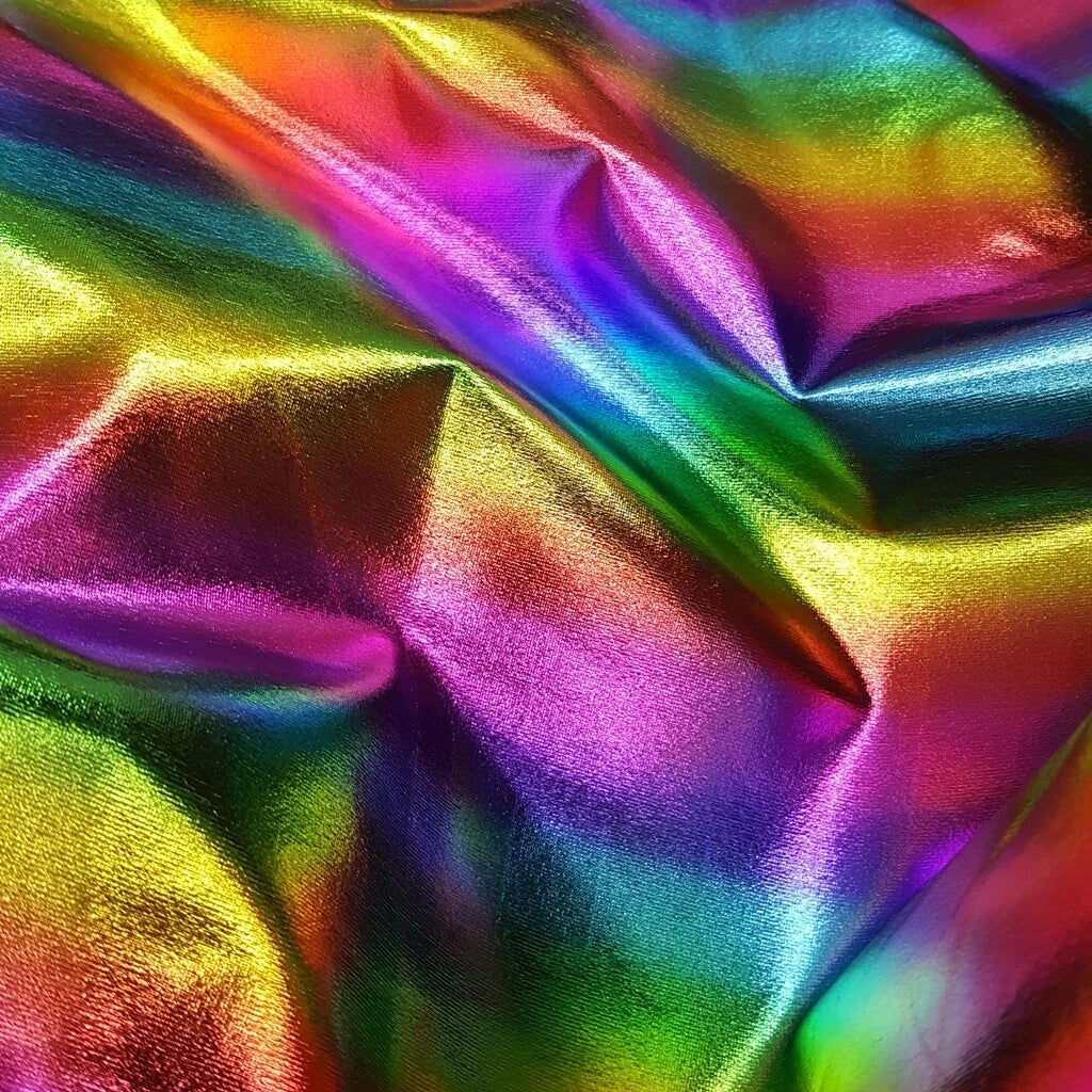 METALLIC SHINY RAINBOW STRIPE SPANDEX 4 WAY STRETCH
