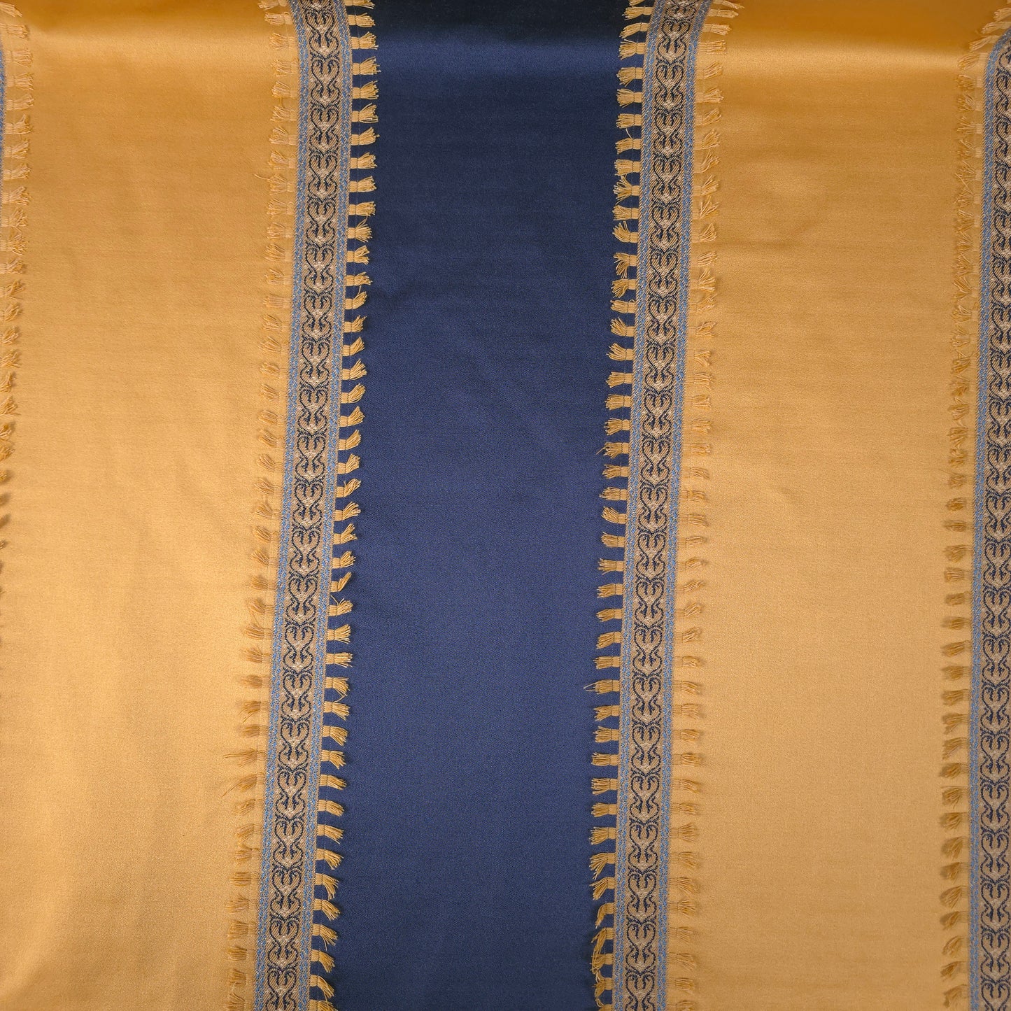 GOLD NAVY 7 INCH AWNING STRIPE DRAPERY FABRIC WITH TASSEL TRIM