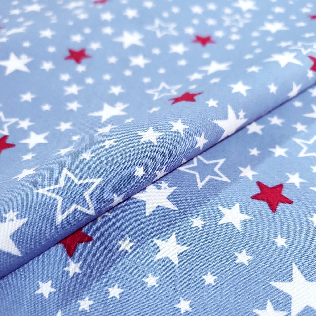 Small Stars Red White On Blue 100% Cotton 60" By The Half Yard Patrioric Stars on Baby Blue Fabric
