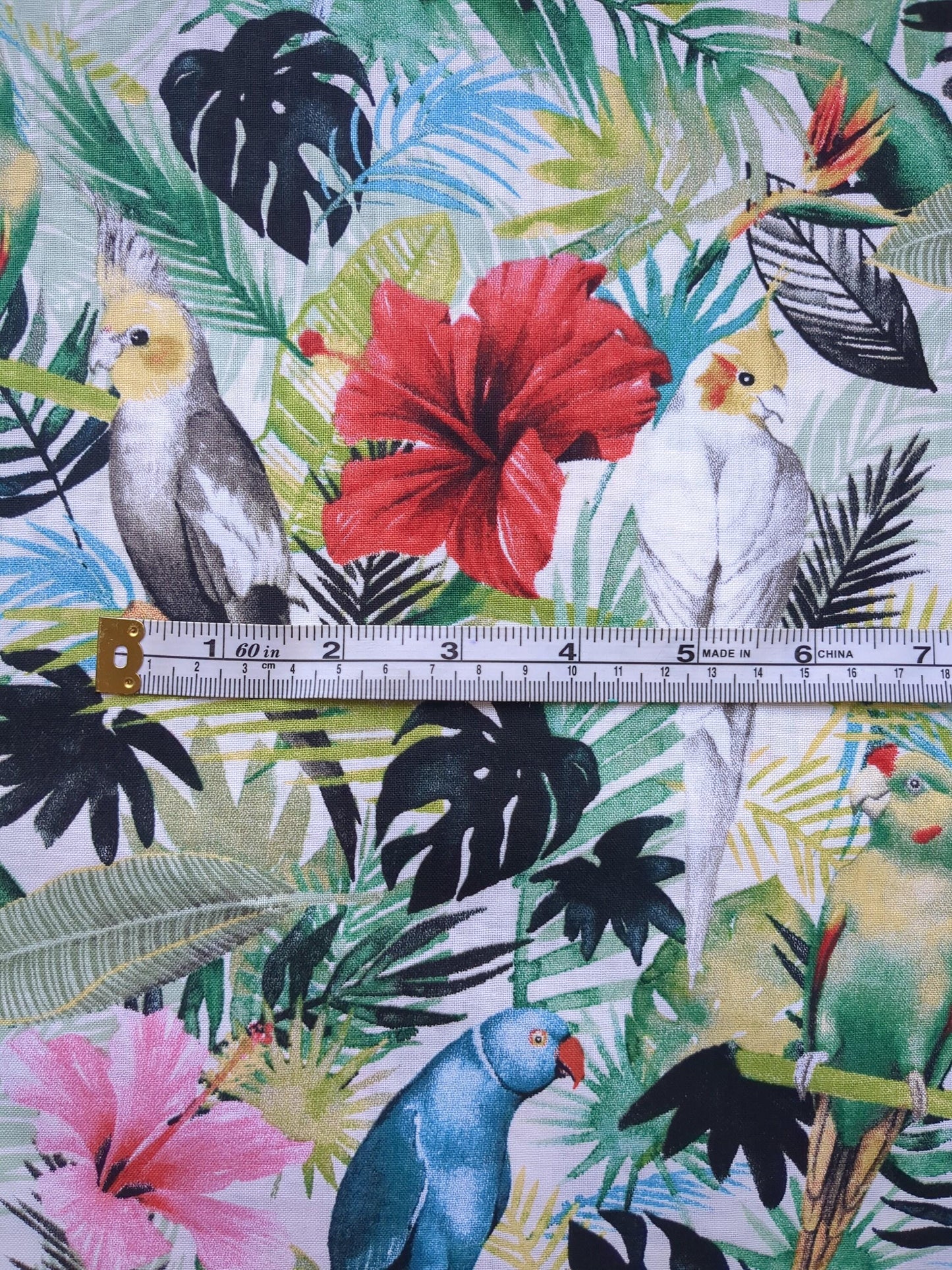 Tropical Island Birds Cotton Fabric Green Palms Red Pink Hibiscus Flower by Grace Popp
