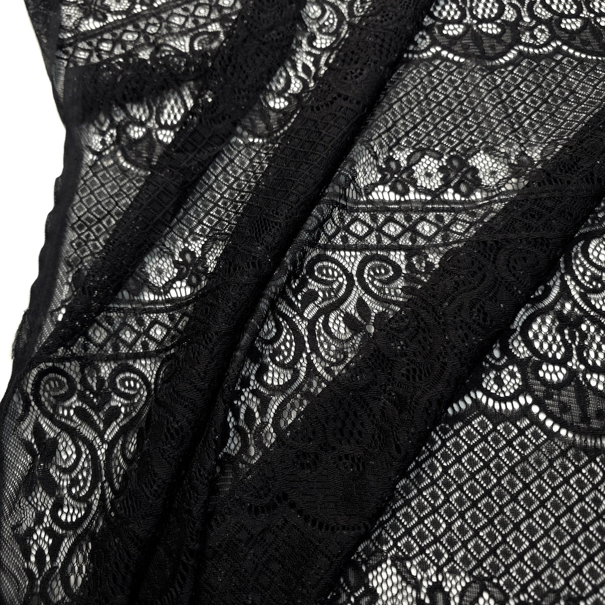 GOTHIC WIDE STRIPE FLORAL SCROLL BLACK LACE FABRIC