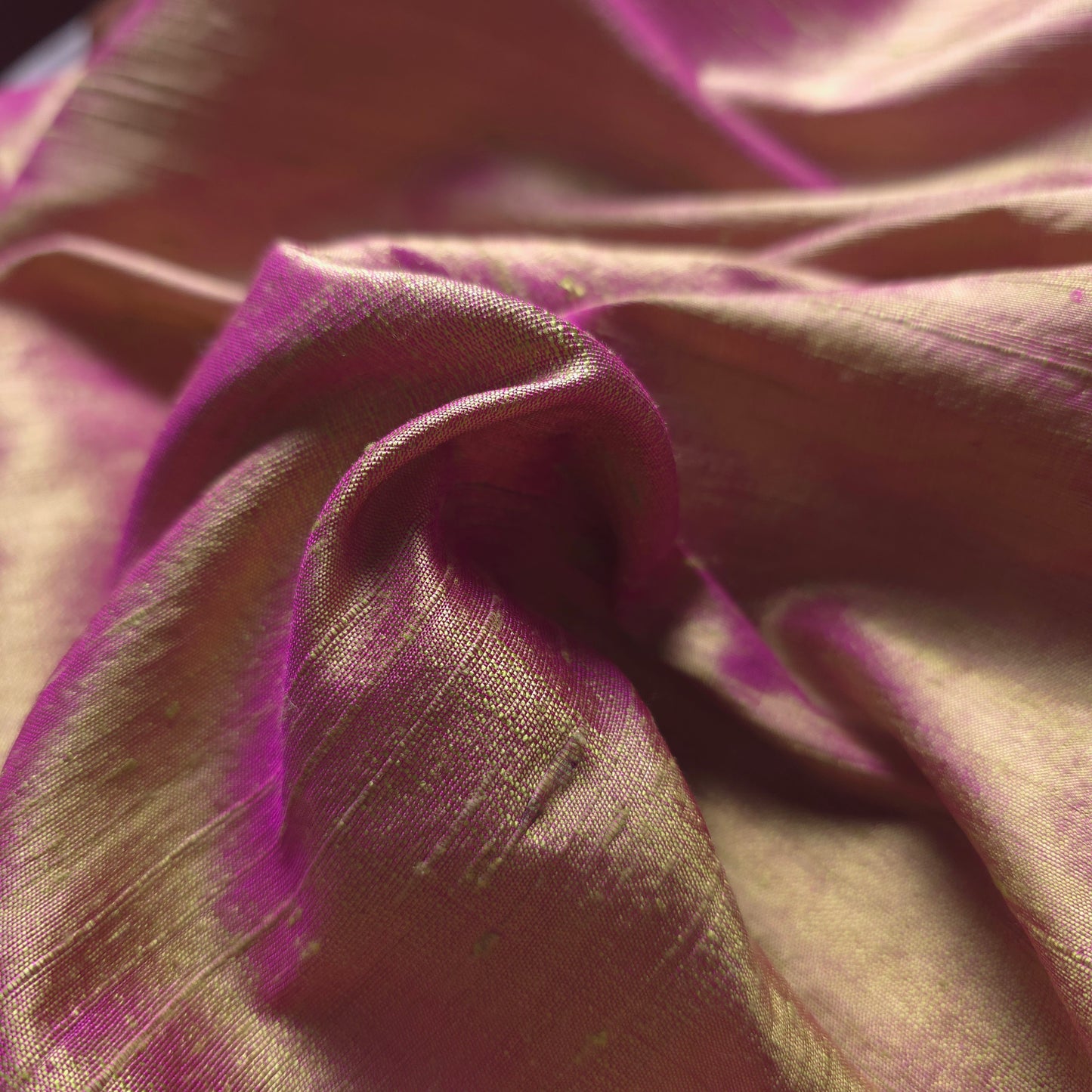 RAW SILK DUPIONI HAND WOVEN FABRIC TWO TONE LIME GREEN FUCHSIA PINK