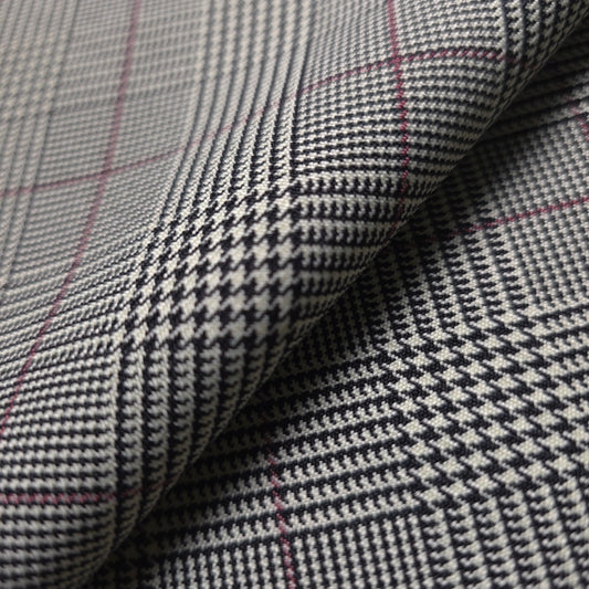 BLACK AND RED POLYESTER HOUNDSTOOTH REVERSIBLE PLAID SHIRTING FABRIC