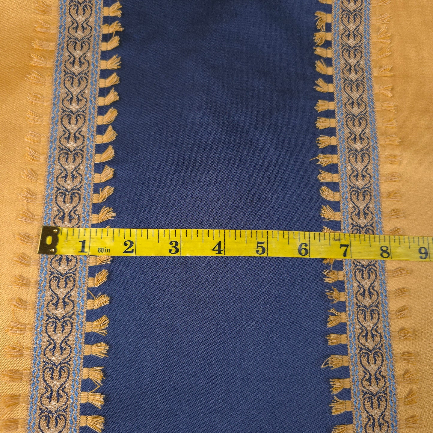GOLD NAVY 7 INCH AWNING STRIPE DRAPERY FABRIC WITH TASSEL TRIM