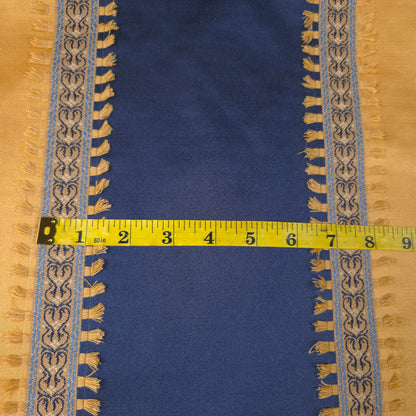 GOLD NAVY 7 INCH AWNING STRIPE DRAPERY FABRIC WITH TASSEL TRIM