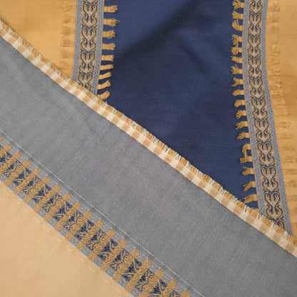 GOLD NAVY 7 INCH AWNING STRIPE DRAPERY FABRIC WITH TASSEL TRIM