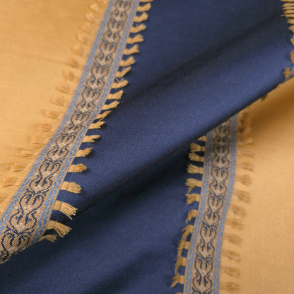 GOLD NAVY 7 INCH AWNING STRIPE DRAPERY FABRIC WITH TASSEL TRIM