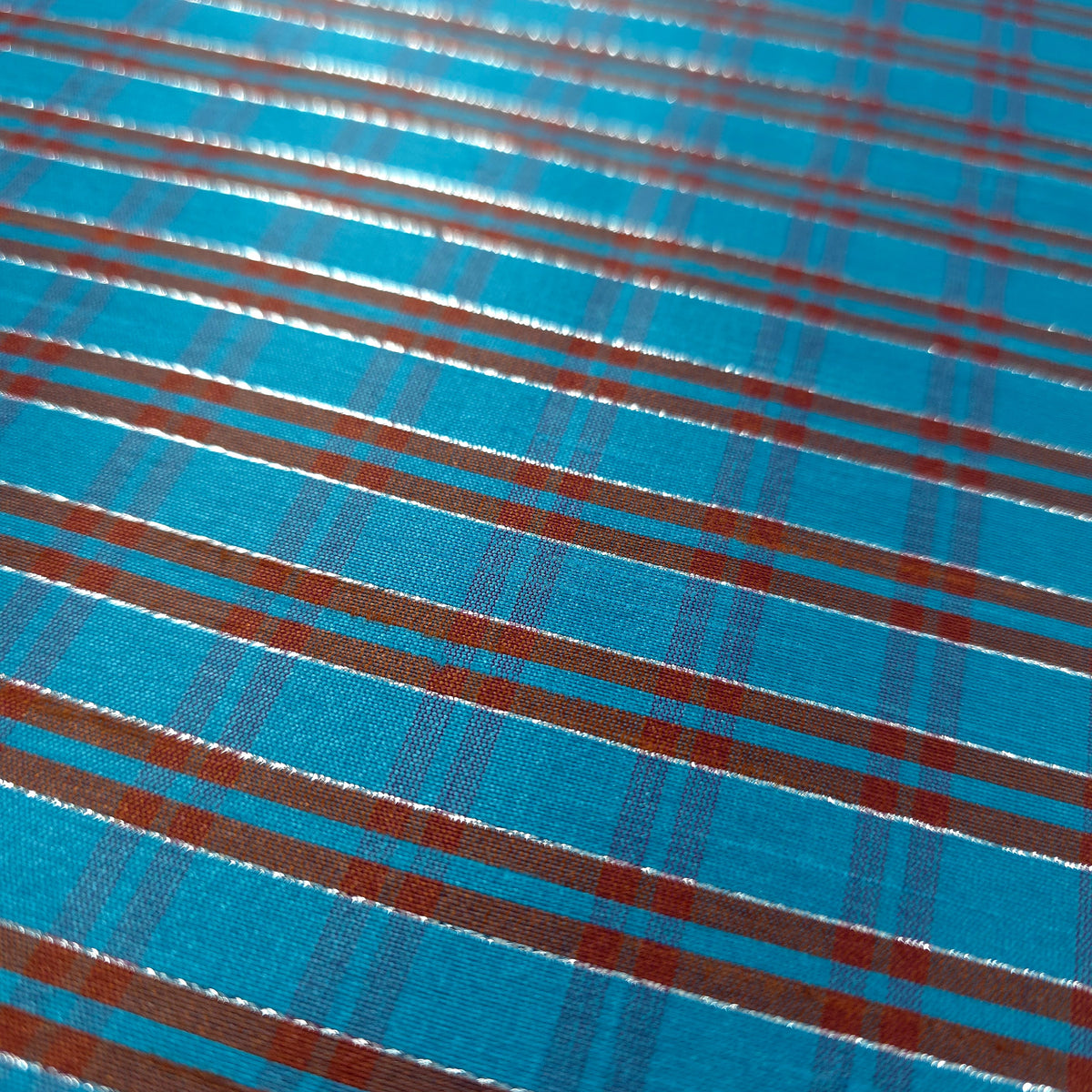 TURQUOISE RED METALLIC PINSTRIPE PLAID DUPIONI FABRIC