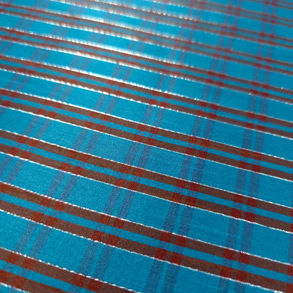 TURQUOISE RED METALLIC PINSTRIPE PLAID DUPIONI FABRIC