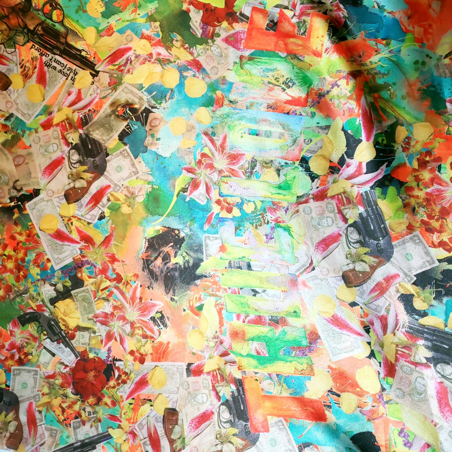 SILK SATIN LOVE GUNS AND FLOWERS COLLAGE