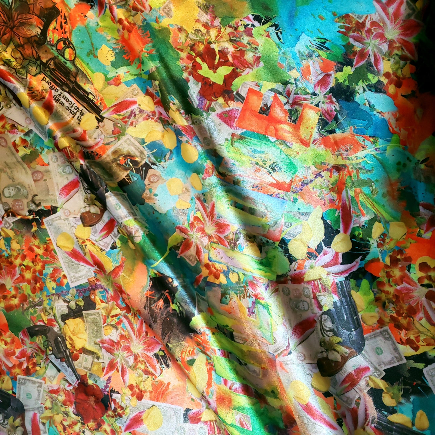 SILK SATIN LOVE GUNS AND FLOWERS COLLAGE
