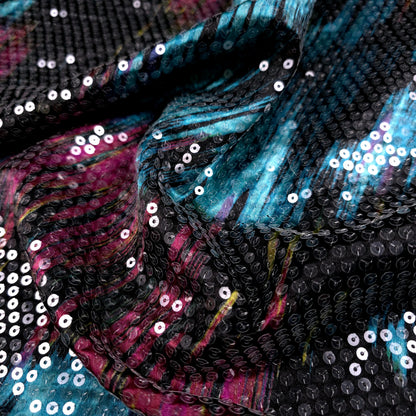 RETRO BRUSHSTROKE CLEAR SEQUIN SATIN TEAL