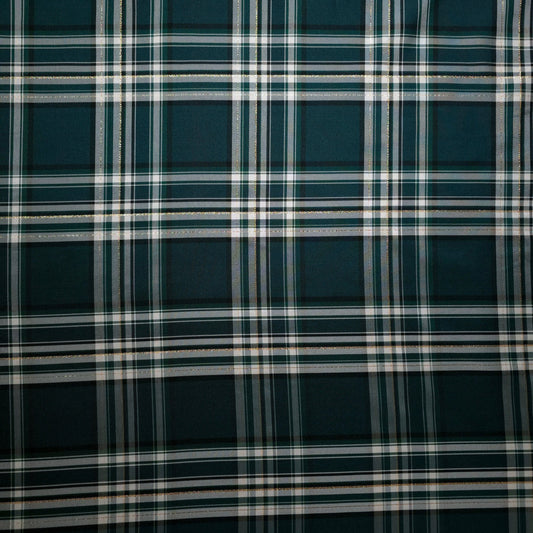 HUNTER GREEN WHITE HOLIDAY TARTAN PLAID SUITING TWILL WEAVE FABRIC WITH METALLIC GOLD STRIPE