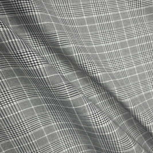 GREY BLACK WHITE HOUNDSTOOTH PLAID COTTON BLEND SUITING FABRIC