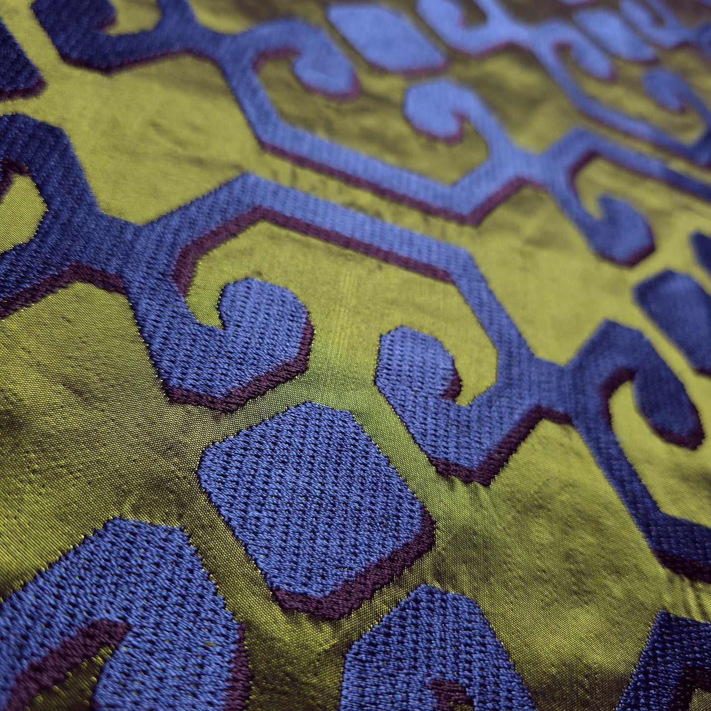 REGAL CELTIC KNOTWORK EMBROIDERED OLIVE TAFFETA FABRIC