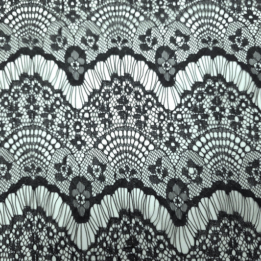 BLACK CHANTILLY SCALLOPED STRIPE POLYESTER LACE FABRIC