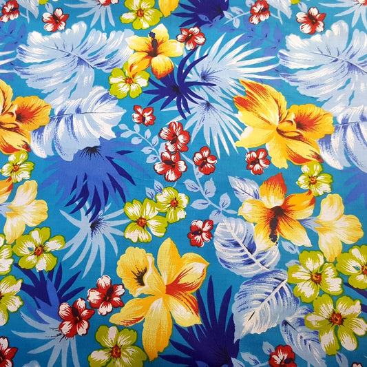 HAWAIIAN FLORAL MOTIF TURQUOISE YELLOW