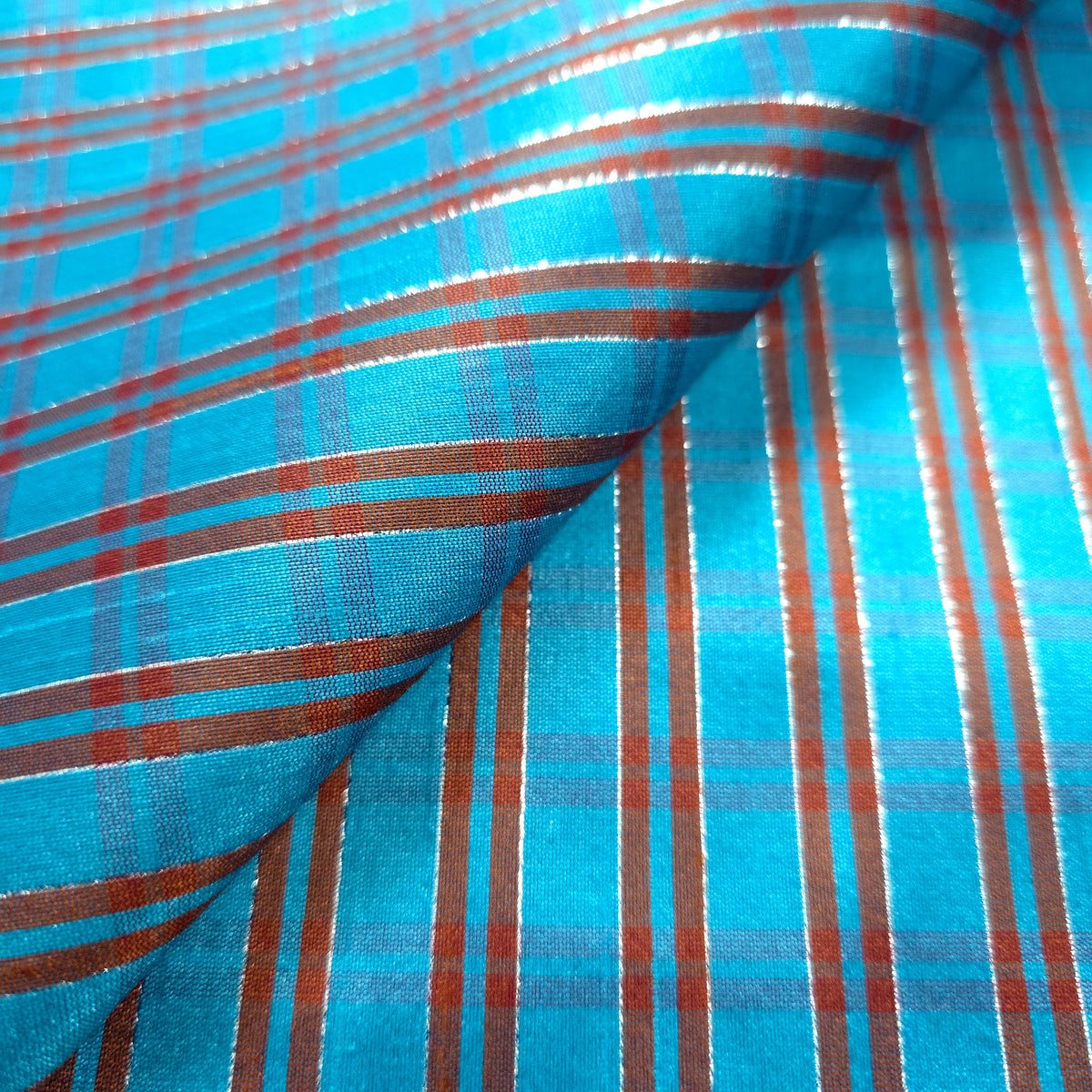 TURQUOISE RED METALLIC PINSTRIPE PLAID DUPIONI FABRIC