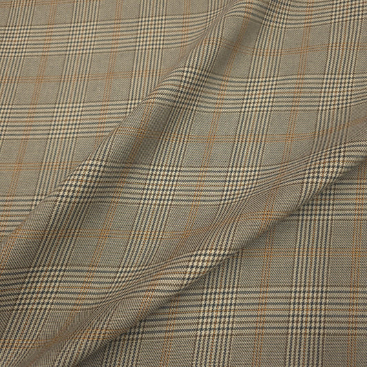 BROWN TAN GREY HOUNDSTOOTH PLAID SUITING FABRIC