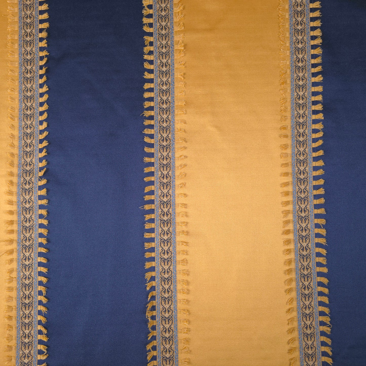 GOLD NAVY 7 INCH AWNING STRIPE DRAPERY FABRIC WITH TASSEL TRIM