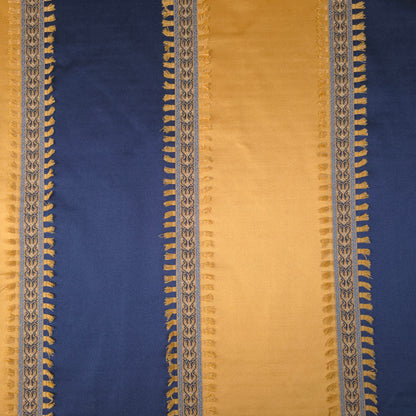 GOLD NAVY 7 INCH AWNING STRIPE DRAPERY FABRIC WITH TASSEL TRIM