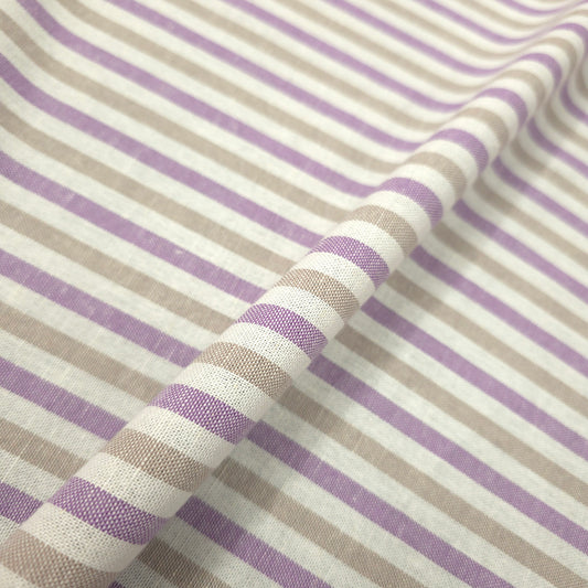 PURPLE BEIGE OFF WHITE MULTI STRIPED RUSTIC LINEN FABRIC