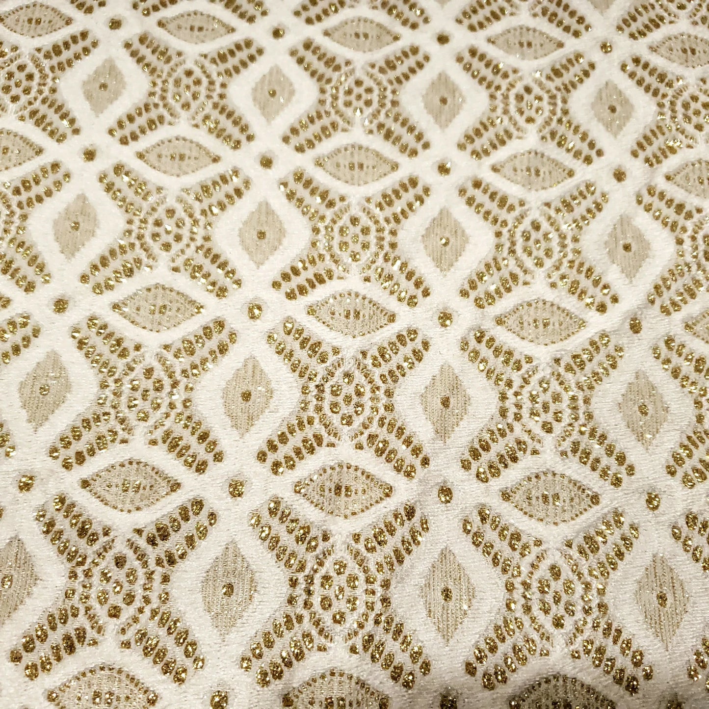 GOLD GLITTER EMBOSSED IVORY FAUX BROCADE LATTICE GRID