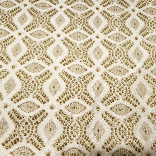 GOLD GLITTER EMBOSSED IVORY FAUX BROCADE LATTICE GRID