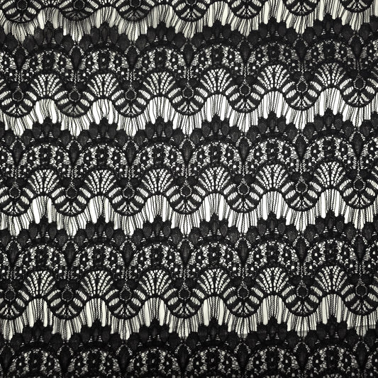 BLACK SCALLOPED HORIZONTAL STRIPE SHEER LACE FABRIC