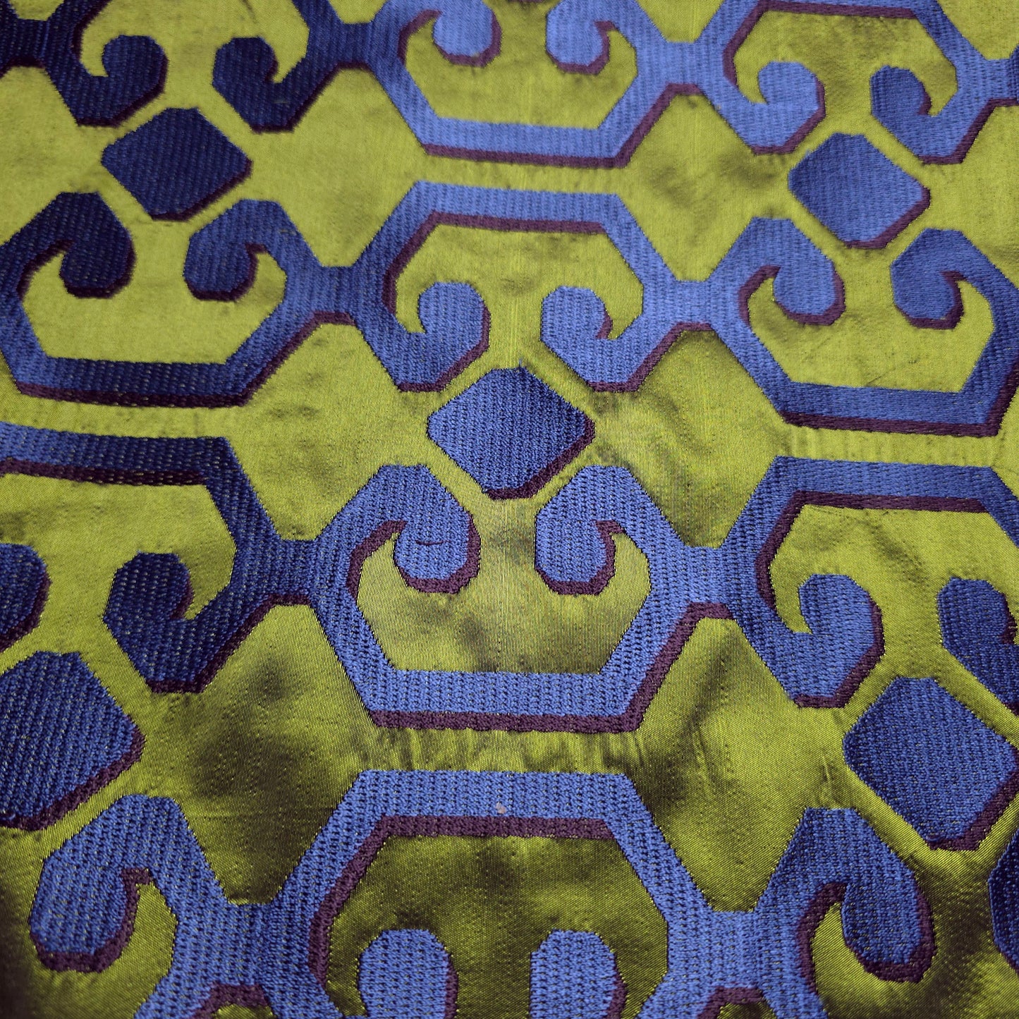 REGAL CELTIC KNOTWORK EMBROIDERED OLIVE TAFFETA FABRIC