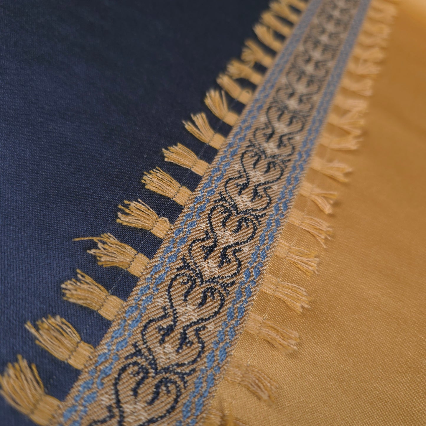 GOLD NAVY 7 INCH AWNING STRIPE DRAPERY FABRIC WITH TASSEL TRIM