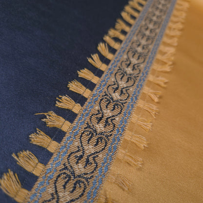 GOLD NAVY 7 INCH AWNING STRIPE DRAPERY FABRIC WITH TASSEL TRIM