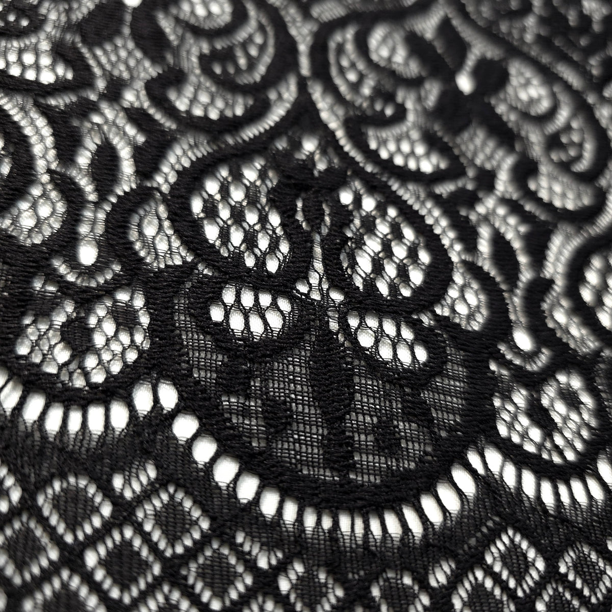 GOTHIC WIDE STRIPE FLORAL SCROLL BLACK LACE FABRIC