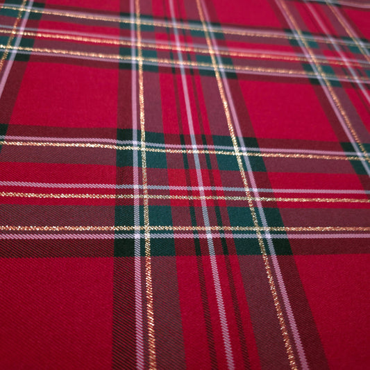 RED GREEN HOLIDAY TARTAN PLAID SUITING TWILL WEAVE FABRIC WITH METALLIC GOLD STRIPE
