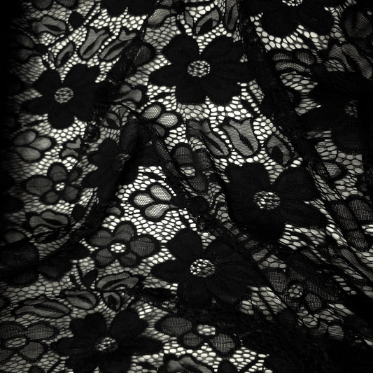 BLACK FLORAL SHEER NETTED POLYESTER STRETCH LACE FABRIC