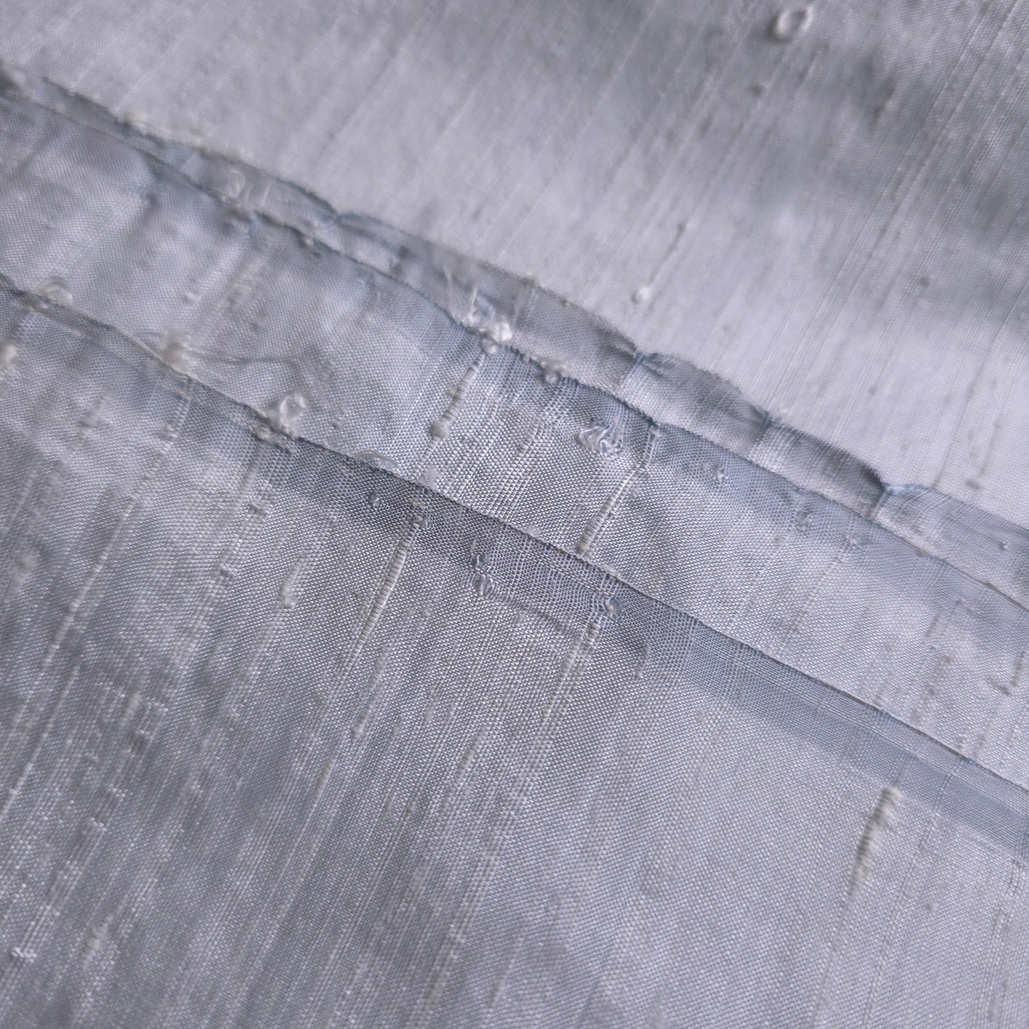 RAW SILK DUPIONI HAND WOVEN FABRIC TWO TONE CLOUD BLUE WHITE